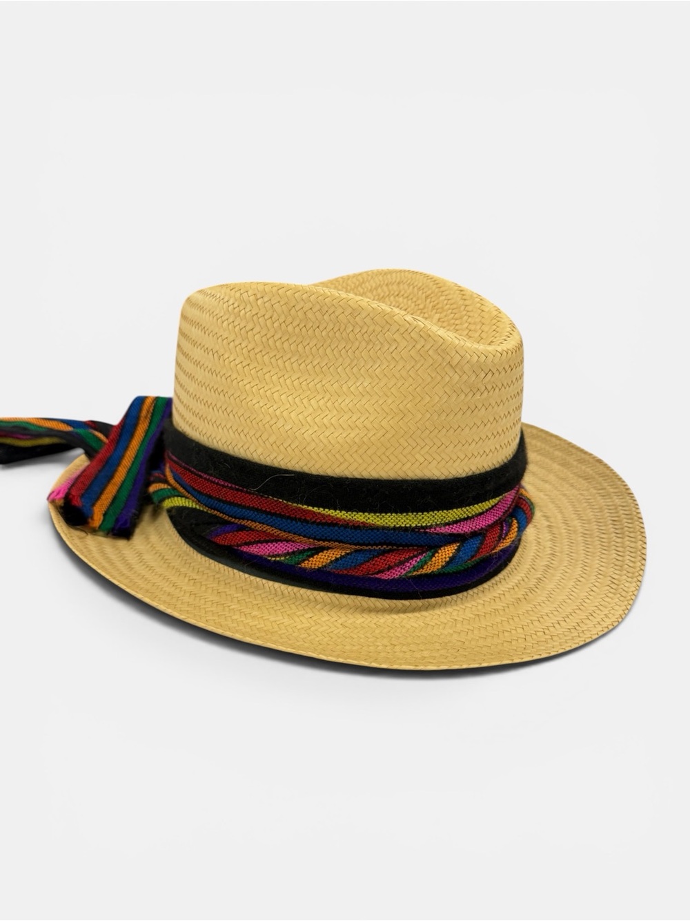 Vintage Straw Panama Fedora Hat Multicolor Striped Band Boho Festival